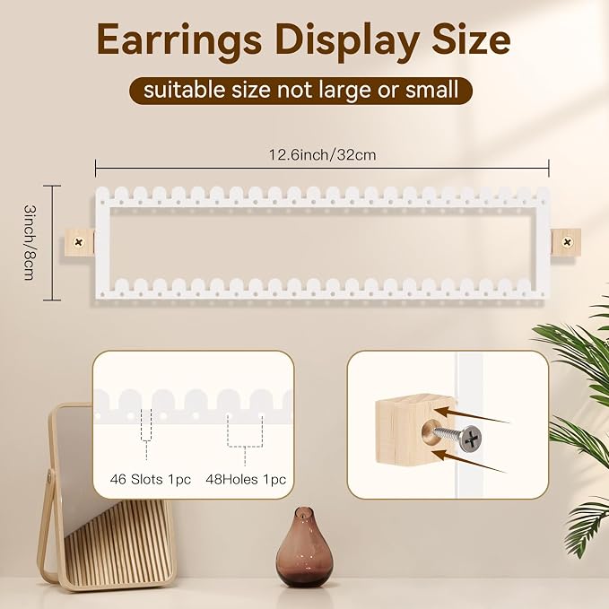 2 Tier Earring Holder Organizer Wall Mounted,2PCS Metal Earring Display Storage with 96 Holes and 92 Grooves Hanging Jewelry Organizer Tree for Stud/Hoop/Dangle Earrings Necklace(White)