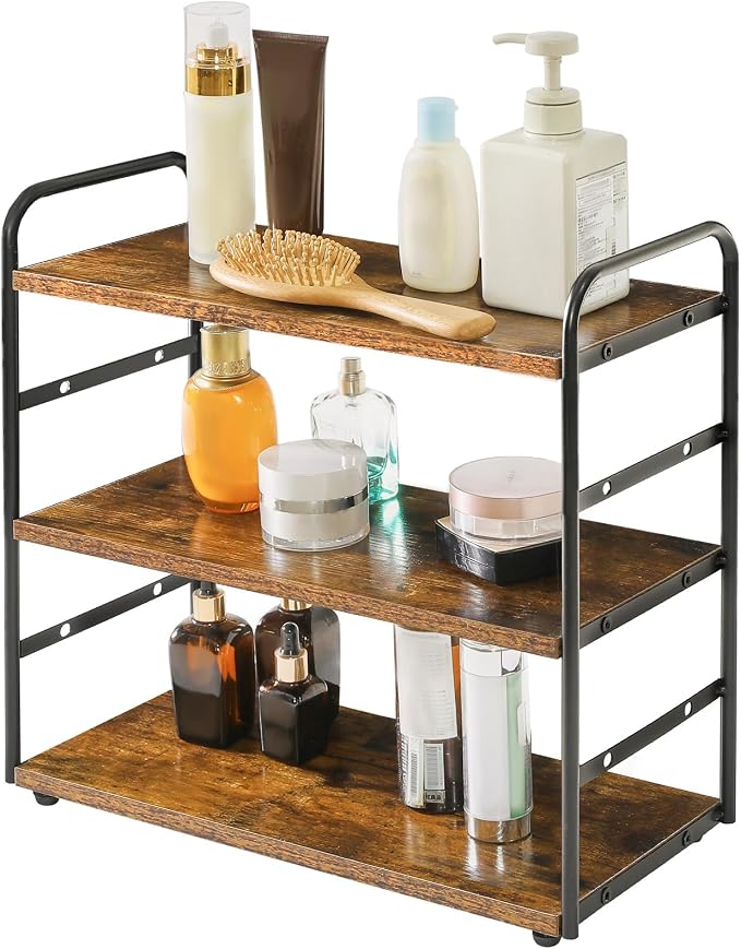 IBUYKE Counter Shelf,Kitchen Organization and Storage,Brown TWJ001H | 3-Tier Bathroom Countertop Organizer Tray Makeup Shelf Counter Standing Spice Rack Storage Shelf Cosmetic Holder