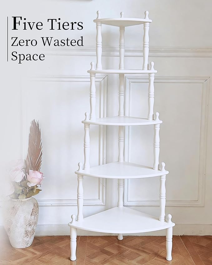 White Corner Shelf, 5-Tier Corner Bookshelf, 60" Tall | 100% Solid Wood Ladder Shelf, Small Vintage Freestanding Bookshelf Plant Stand for Living Room, Home Office, Bedroom