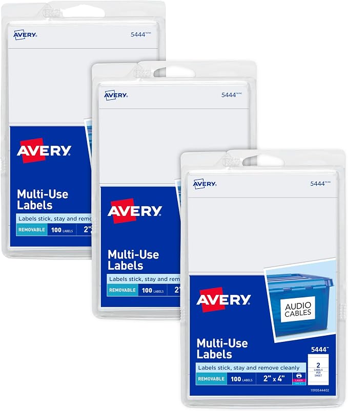 Avery® Printable All-Purpose Removable Labels, 2" x 4" White, Write or Print, Great for Organization Projects, 300 Customizable Blank Labels Total (3-Pack of 22283)