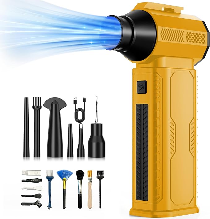 Compressed Air Duster, 130,000RPM Ultra-Powerful Electric Air Duster | 8000mAh Rechargeable Battery Cordless Blower, 4-Gear Adjustable Air Blower for Keyboard, Computer, Car - Bright Yellow