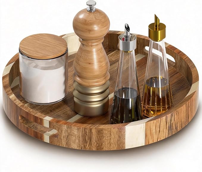 12" Acacia Wood Lazy Susan Turntable Organizer, Double Handle Cabinet Organizer with High Rim，Round Wooden Lazy Susan for Table Top Cabinet Pantry Countertop Cupboard Organization