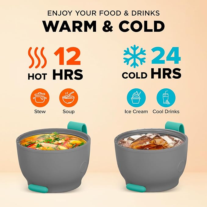 ENERGIFY Vacuum Insulated Food Jar. Large 12oz Bowl incl. Folding Spoon, Cup. Wide Mouth Keep Hot & Cold Drinks Soup Lunch Container for Adults. BPA-Free Stainless Steel, Leak Proof Mint Green