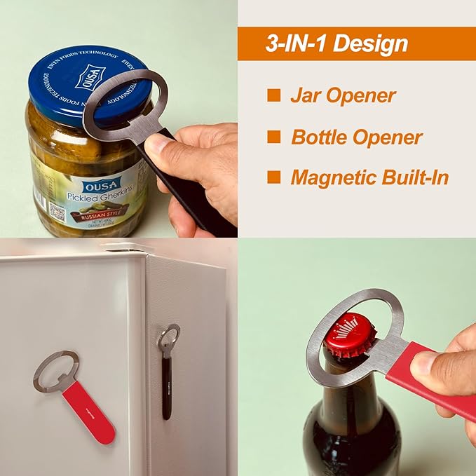 Magnetic Jar Opener Gripper, Jar Openers Top Rated For Seniors Weak Hands, Bottle Opener Built-In, 2-IN-1 Jar & Bottle Opener x 1, Red, Rubber Jar Openers Gripper x 4