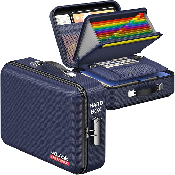 COLCASE Fireproof Document Box with Lock, Hard Fireproof Document Organizer | Hard-Shell Fireproof Waterproof Safe Box with Combination Lock Blue