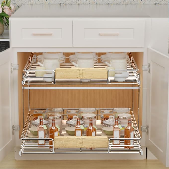 LOVMOR 2 Tier Pull Out Cabinet Organizer 25½" W x 21½" D, Slide Out Drawers with Wooden Handle, Sliding Shelves Organization and Storage for Kitchen, Pantry