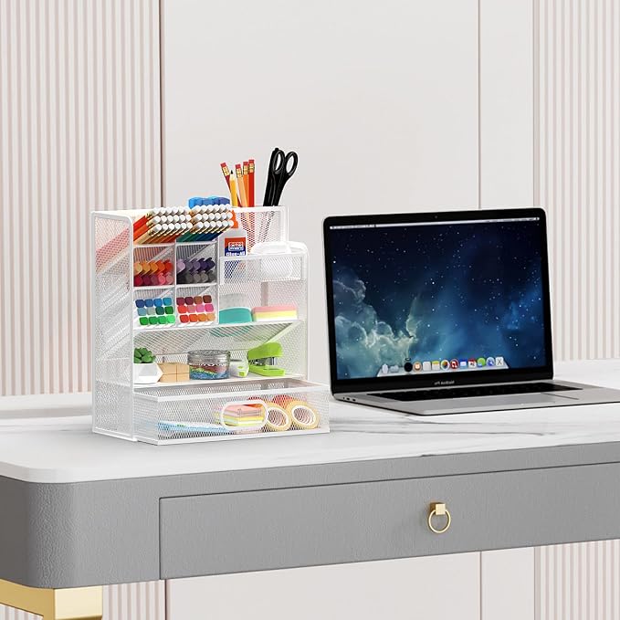Mesh Pen Organizer for Desk, 13 Compartments with Drawer, White | Metal mesh pencil holder and desk organizer with tilted slots for easy access to stationery at home, school or office