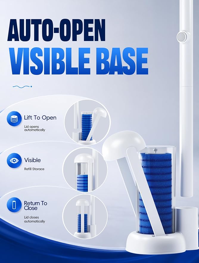 Toilet Brush Kit, Disposable Toilet Bowl Cleaner Brush with Blue Replacement Heads, Press-Button Wand and Self-Closing Freestanding Holder (Toilet Brush + 35 Refills)