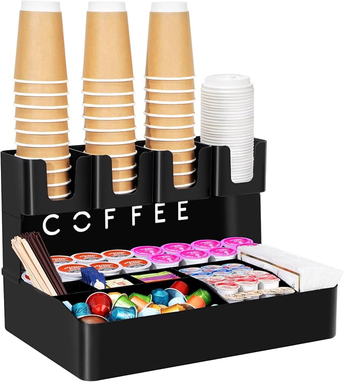 Lifewit 2-tier Coffee Station Organizer Caddy for Countertop, 11 Compartments Coffee Bar Organizers for Cups, Pods, Sugar, Compact Condiment Holders Storage for Office Breakroom Kitchen Home Black