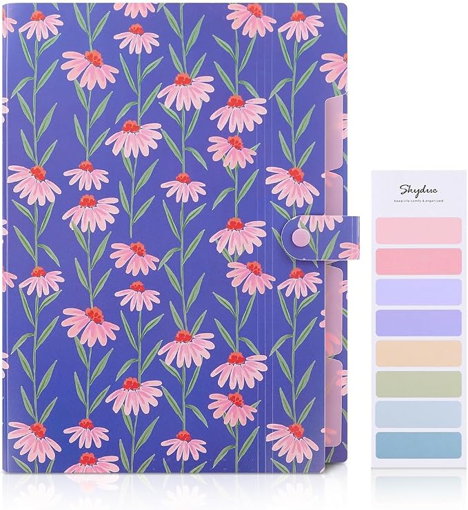 SKYDUE Accordion File Organizer, Floral Expanding File Folders with 5 Pockets, Cute Document Organizer for Paper Storage, School Office & Hospital Supplies Letter/A4 Size Periwinkle Blue
