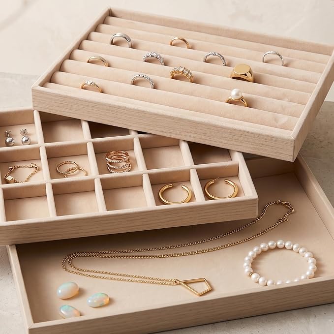 Hanging Jewelry Organizer & Drawer Trays Set - Double-Sided Wall Hanger for Necklaces & Earrings, 3 Stackable Velvet Storage Inserts for Rings & Bracelets - 5 Pack