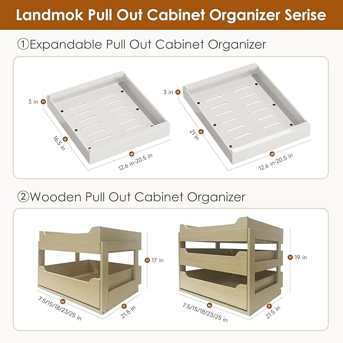 2 Pack Expandable Pull Out Cabinet Organizer 16.5" Deep, Adjustable Width 12.6"-20.5", No Drill Adhesive with Triple Track Rails, Heavy Duty Slide Out Drawers for Kitchen,Pantry,Cabinets,White