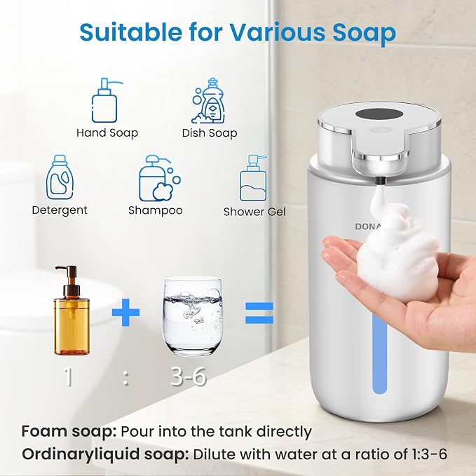 Automatic Foaming Soap Dispenser Touchless, 15oz/420ml USB-C Rechargeable Hand Soap Dispenser, 6-Level Adjustable Foam, IPX5 Waterproof, Wall Mount or Countertop for Bathroom Kitchen, Silver