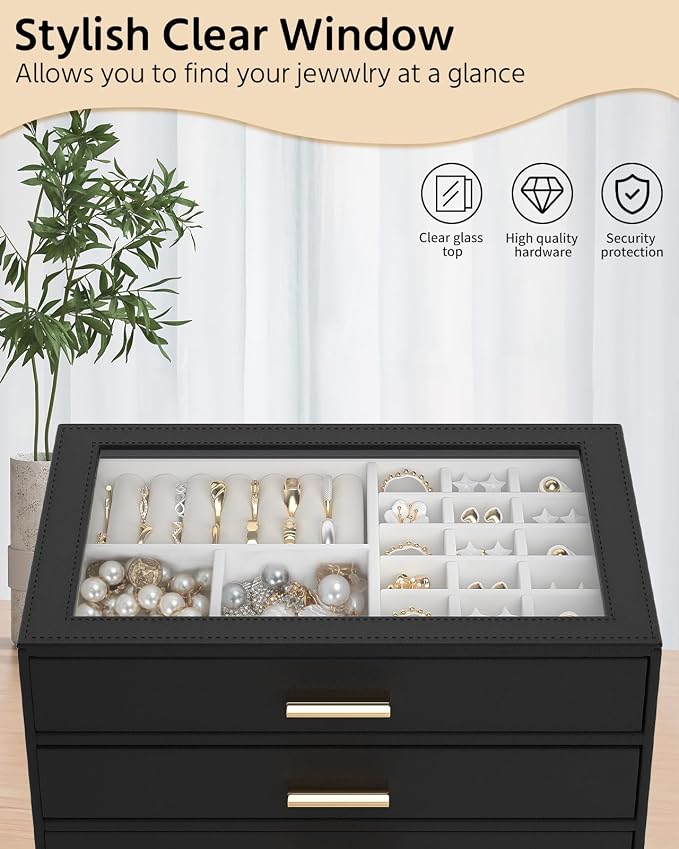 AKOZLIN Jewelry Box with Clear Lid Functional Leather Jewelry Storage Organizer Case 4 Drawers for Women Girls Necklace Ring Bracelet Earring