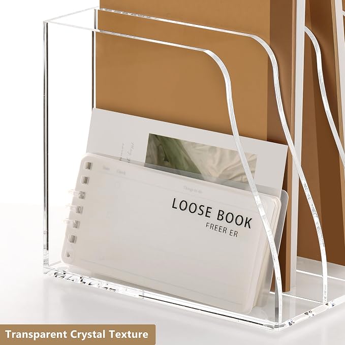 SANRUI Acrylic Magazine File Holder Desk Organizer, Clear 5 Vertical Compartments Workspace Document Sorter, Folder Rack Binder for Office Home Classroom Tablet, Books & Accessories Storage