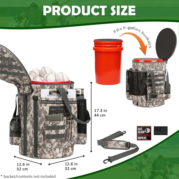 Baseball Bucket Bag, Softball Coaches Bags Fit 6 Gallon Buket | Baseball Coaching Accessories Organizer with Anti-Slip Bottom & Multiple Pockets for Bat, Gloves, Scoreboards