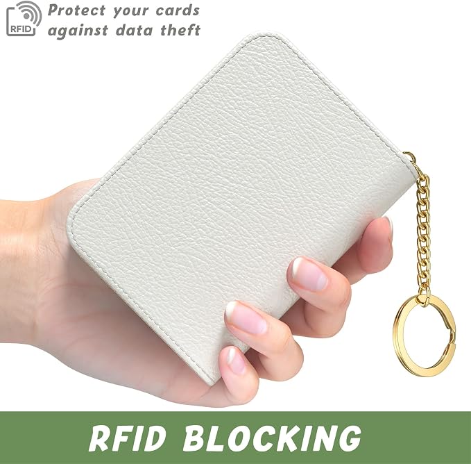 Aiawoxc Credit Card Holder for Women, Small RFID Wallet Slim Leather Business Card Organizer Case with Zipper and Keychain, White