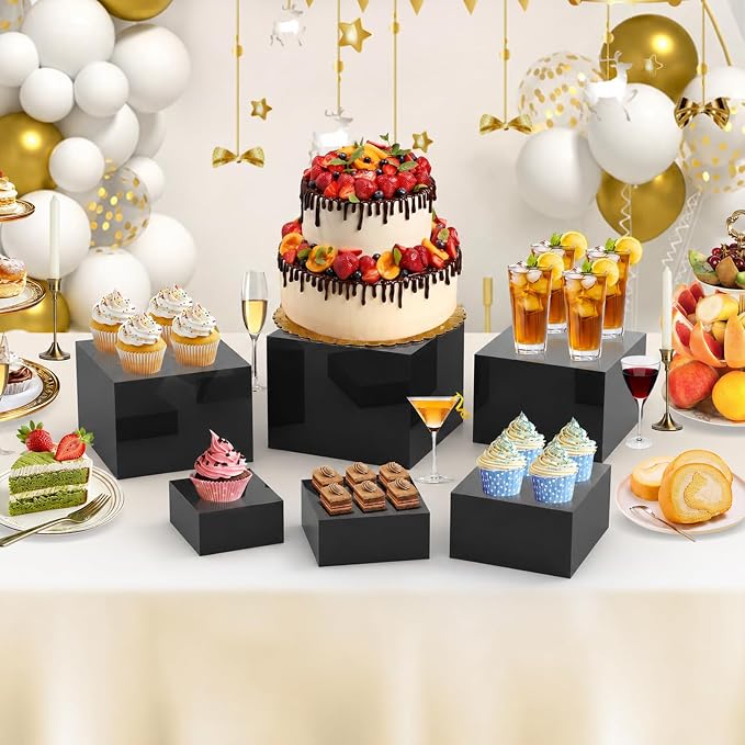 6Pcs Black Buffet Risers Set (Size 5",6",7",8",9",10"),Food Risers for Buffet Table Display Stand Shelf for Party Catering Dessert Collectibles Acrylic Cube Boxes Display with Hollow Bottoms