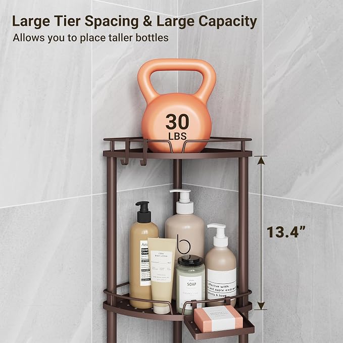 ELYKEN Corner Shower Caddy Standing, 3 Tier Rustproof Metal Shower Organizer with Soap Holder, Floor Shower Corner Shelf Rack Storage Stands with Adjustable Feet & 2 Hooks for Bathroom, Bronze