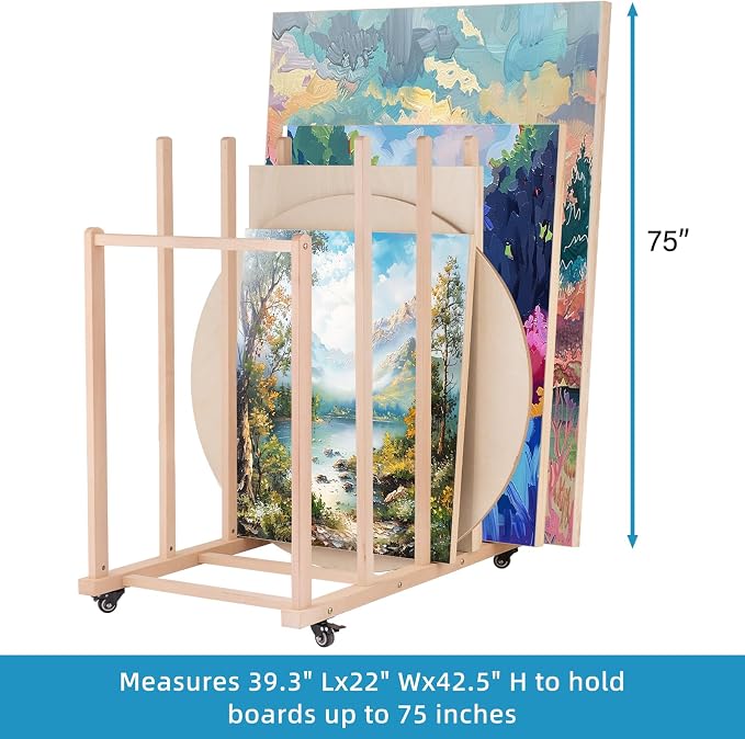 Extra Large Art Canvas Storage Rack, Art Drying Rack with Handle and Wheels | Wooden Canvas Boards Rack for Drawing Boards, Panels, Artwork in Art Studio/Gallery