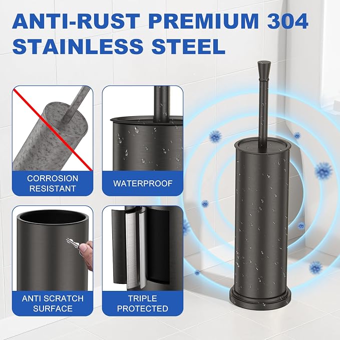 Toilet Brush and Holder Set：304 Stainless Steel Heavy Duty Toilet Bowl Brush，Removable Inner Bowl and Splash Protection，Bathroom Toilet Brush-Dense Bristles for Through Cleaning