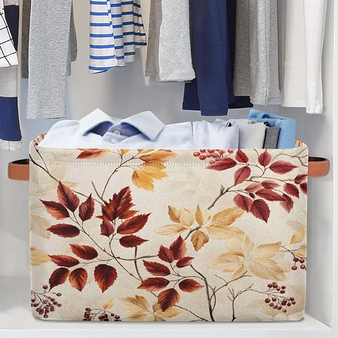 Rectangular Storage Baskets Autumn Leaves And Berries Fabric Storage Bin Toy Organizer Box with PU Leather Handles for Room Decor