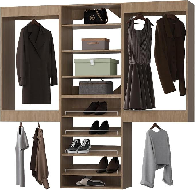 ROOMTEC Modular Closet System, 72" Wall Mounted Closet Organizer with Hanging Rods and Shoe Shelf, Wooden Tower for Walk-In Closets, Wardrobe Storage Kit, Wood