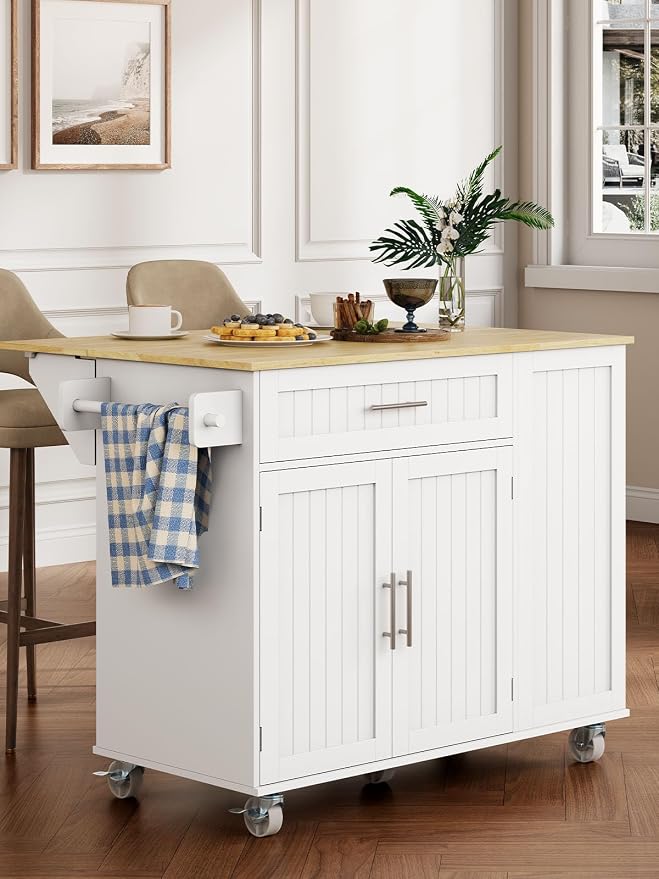 OtterOasis Kitchen Island with Storage, 43.3" Rolling Kitchen Island Cart on Wheels with Wide Drop Leaf Rubberwood Top, Large Mobile Island Table with Trash Can Storage and Towel Bar, White