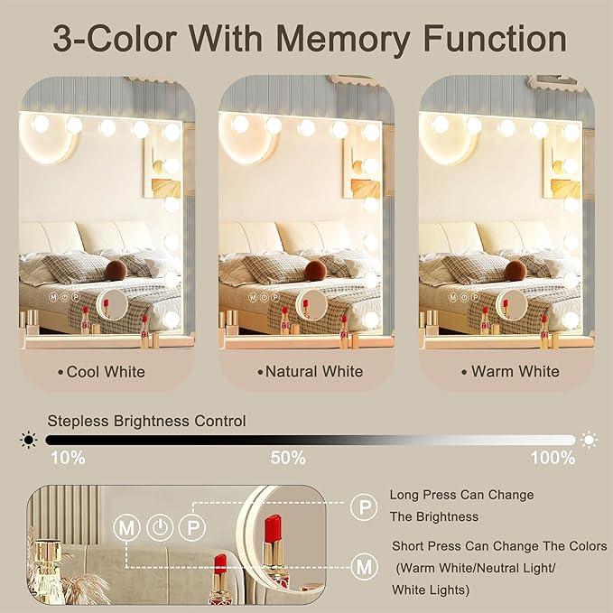 Ratsamee Hollywood Vanity Mirror with Lights, 18 Dimmable Bulbs, 3 Color Lights,Make Up Lighted Mirror, Aluminum Metal Frame, USB Charging Port（32" x 24"）