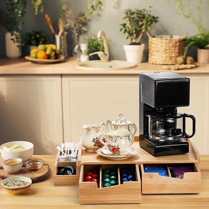 SOUJOY Bamboo 2 Drawer Coffee Pod Organizer with Side Box for K Cup Tea Bag | Space-Saving, Eco-Friendly, Natural Bamboo Organizer for Kitchen Counter, Coffee Bar, Office
