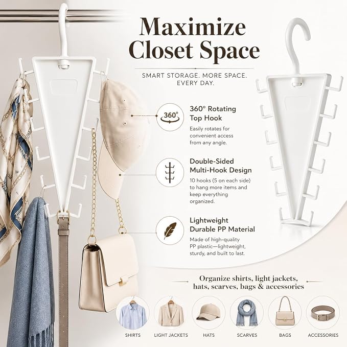 V-Shaped Double-Sided Closet Organizer Hanger, Multi-Functional V-Shaped Double Sided Hanger Storage Rack, Vertical Closet Storage Rack for Shirts, Light Jackets, Hats, Scarves (2, White)