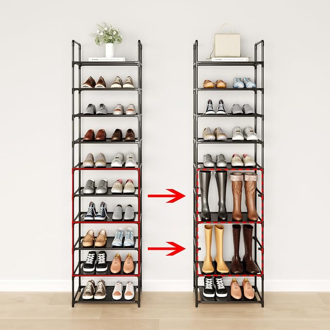 8-Tier Tall Shoe Rack for Closet, Entryway, Adjustable Sturdy Durable Shoe Shelf,Narrow Shoe Stand Organizer (17.2" W×10" D×58" H,Black)