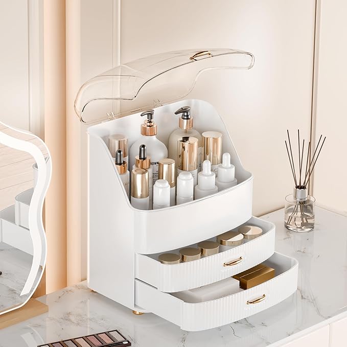 Makeup Organizer Countertop Vanity with Transparent Lid Drawers Waterproof Dustproof Cosmetic Skincare Bathroom Storage Gift for Women Teens Girls (White)