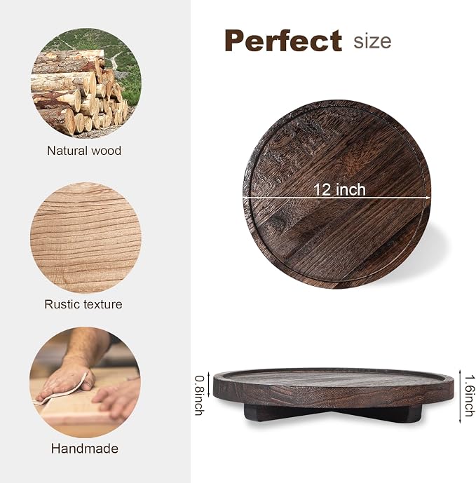 Round Decorative Tray Farmhouse Kitchen Decor Soap Dish, 12" Bark Brown | Waterproof, Lightweight, Easy Clean, Wood Riser Pedestal Stand Accessories for Office Desk, Vanity, Counter, Sink