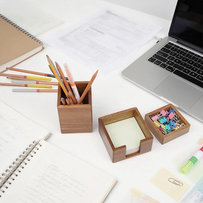 RAWILL 3 PCS Brown Wooden Desk Organizer Set Pine Wood Office Desk Accessories with Pen Holder, Paperclip Storage and Sticky Note Holder, Wood Grain Clear, Ideal Gift for Office and Family