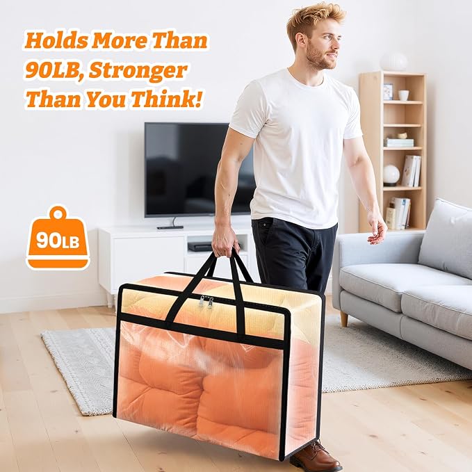 BlissTotes 8 Pack Clear Clothes Storage Bags, Moving Bags, Foldable Blanket Storage Under Bed Storage Containers with Sturdy Zipper and Handle for Clothing, Comforter, Bedding, Sheet (90L)