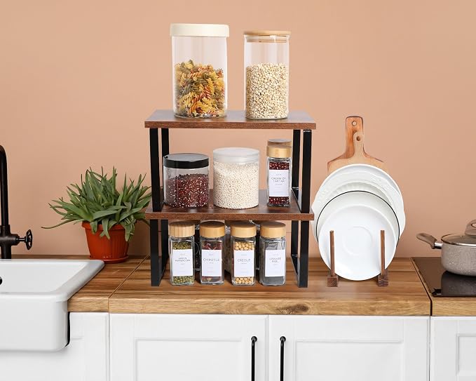 Marsui 4 Pcs Kitchen Organizer Accessories Set for Cabinet,Deep Color | Cabinet Organizer Shelves, Bamboo Dish Drying Plate Rack, Wooden Counter Storage Holder, for Spice Dish Pot Lid Bowl Cup