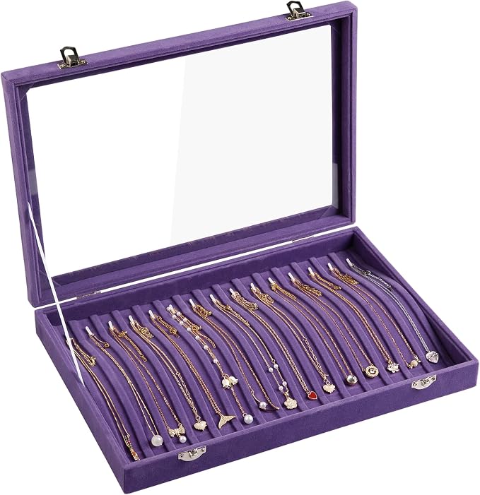 Frebeauty 15 Hooks Necklace Organizer,Velvet Necklace Holder Tray with Lid | Jewelry Organizer for Necklace Pendant Chain,Women Jewelry Box,for Home Use and Jewelry Store,Jewelry Display for Drawer