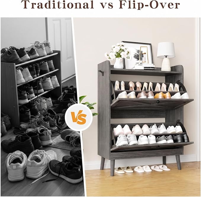 Shoe Storage Cabinet with 2 Flip Drawers & Adjustable Shelves, Freestanding Shoe Cabinet with Side Hooks Narrow Shoe Rack Cabinet for Entryway, Hallway, Rustic Grey