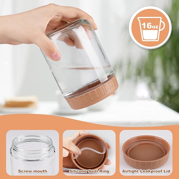 SHOWIN Overnight Oats Containers with Lids, 16oz Glass Jars with Lids 2 pcs, Taffy, Wide Mouth Mason jars for Salad, Yogurt, Snacks, Meal Prep
