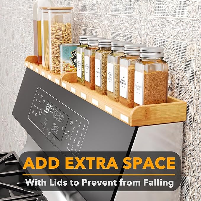 SpaceAid 30" Wide Kitchen Shelf Organizer for Stove, Magnetic Bamboo Spices Shelf for Home Stove Kitchen Storage Organization (Fit for Flat Top Only)