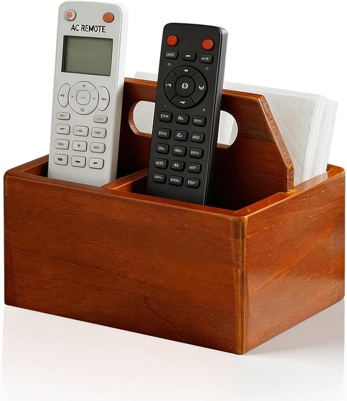DAWASAPAT Acacia Wood Remote Control Holder with Handle, Desk Organizer with 3 Compartments, Wood TV Stand Decor, Easy Storage TV Remote Holder for Living Room, Bedside Caddy, Office Supplies