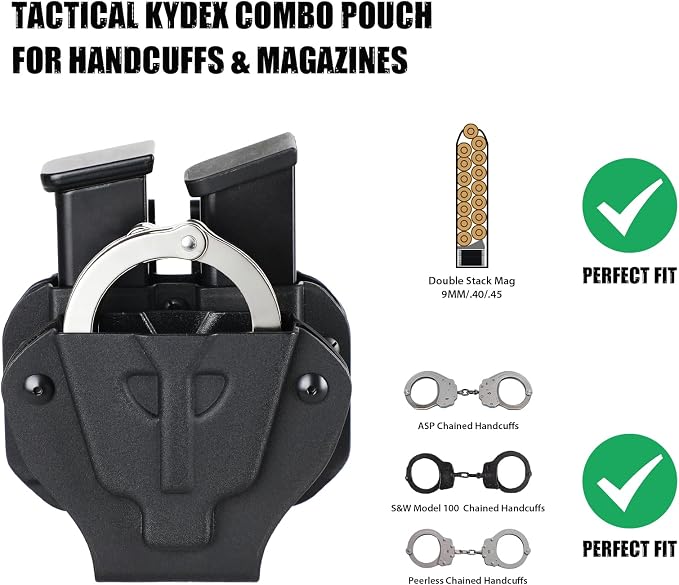 Kydex Handcuff Magazine Combo Holster, Fits 9mm .40 .45 Mags, Belt MOLLE | Compatible with S&W Model 100/ASP/Peerless chained handcuffs; 2-in-1 design saves belt space with secure gear organization