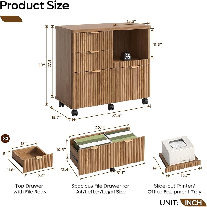 Bestier 3 Drawer File Cabinet, Decorative Fluted Wood Lateral Filing Cabinet with Caster for Home Office, Fits for A4/Letter/Legal-Sized Files, Printer Stand with Open Storage Shelves, Brown