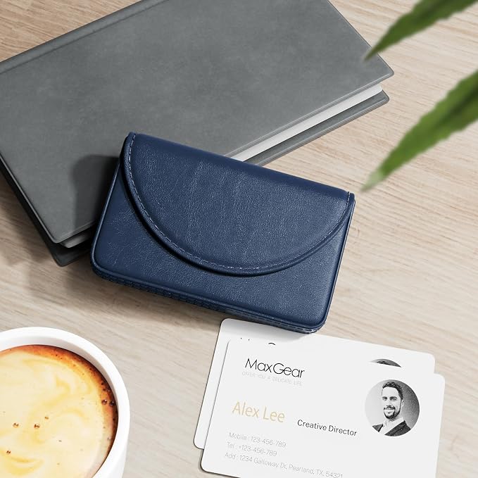 MaxGear Business Card Holder Case, PU Leather Business Card Case, Navy Blue | Pocket Name Card Holder Wallet for Purse, Portable Business Card Carrier with Magnetic Closure, Slim Stylish Men Women Gift