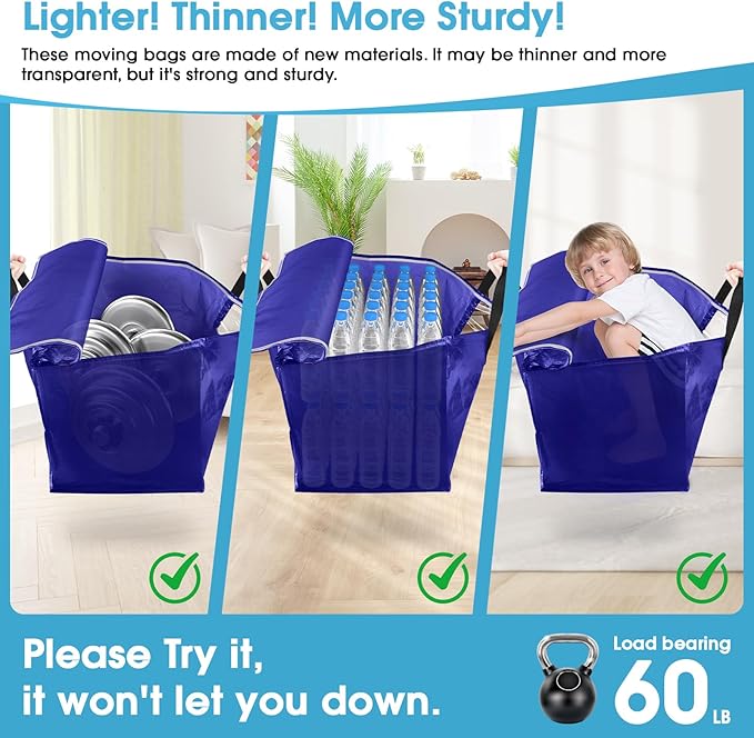 BlissTotes 2 Pack Moving Bags with Clear Window, Storage Bags with Strong Carrying Handles & Zippers,Large Packing Bags for Saving Space, Alternative to Moving Boxes(Blue,24 Gallon)