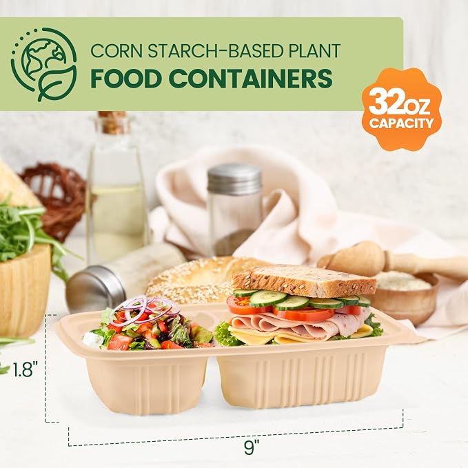 Glotoch Express 200 Pack - 2 Compartment 32 oz Meal Prep Containers Reusable Cornstarch Food Storage Containers with Lids- Plastic Lunch Box for Salad - Take Out Containers