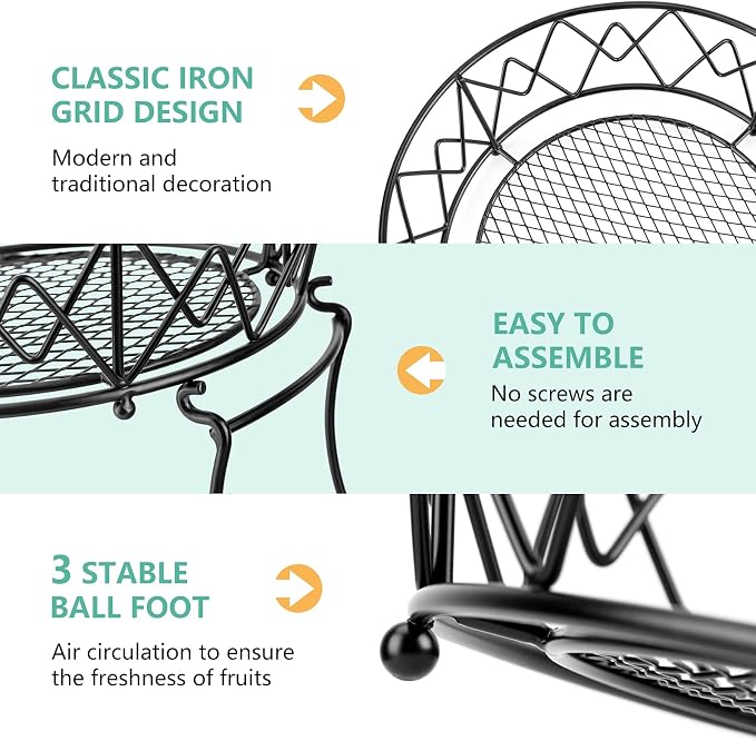 2 Tier Fruit Basket for Kitchen Counter with 2 Banana Hangers,Black Round | 2-Tier Fruit Basket Bowl Stackable Vegetable Storage for Kitchen Countertop, Metal Wire Basket for Bread Onions Potatoes