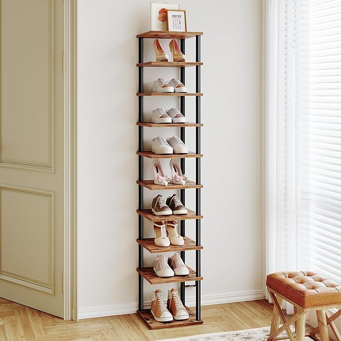 HOOBRO Vertical Shoe Rack, 10-Tier Narrow Shoe Shelf, Shoe Storage Organizer for Small Space, 11" L x 11" W x 68" H, Closet, Entryway, Hallway, Bedroom, Rustic Brown and Black BF32XJ01