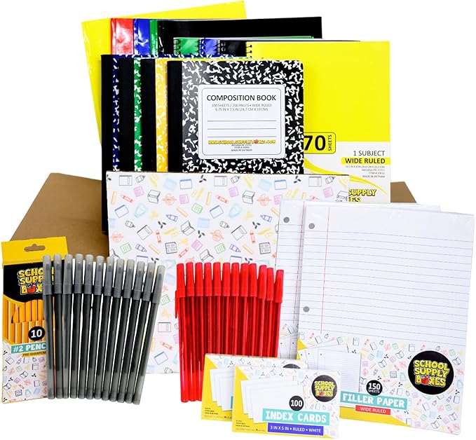 Elementary School Writing Bundle | Pallet (112 Boxes) - 51 Pieces per Box Back to School Essentials | Includes Composition Books, Loose Leaf Paper, Index Cards, 12 ct. Pens & More
